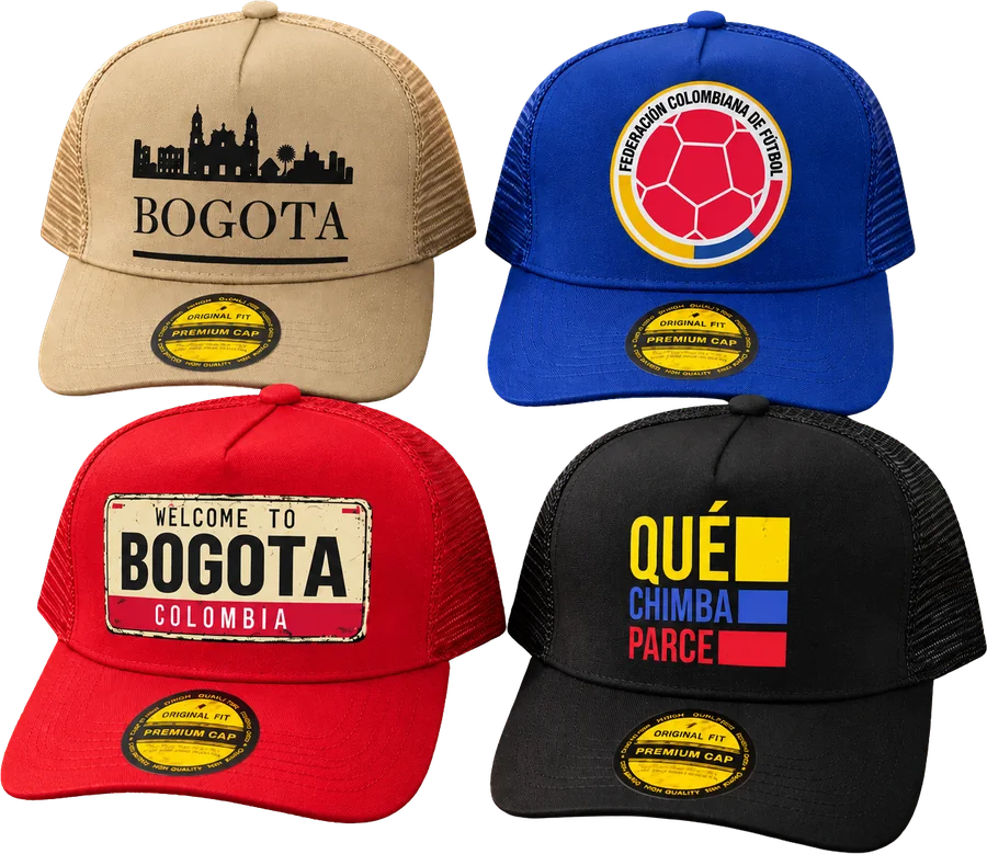 Cuatro gorras Origen Andino: Bogotá beige, escudo azul, Welcome to Bogotá roja y Qué chimba parce negra